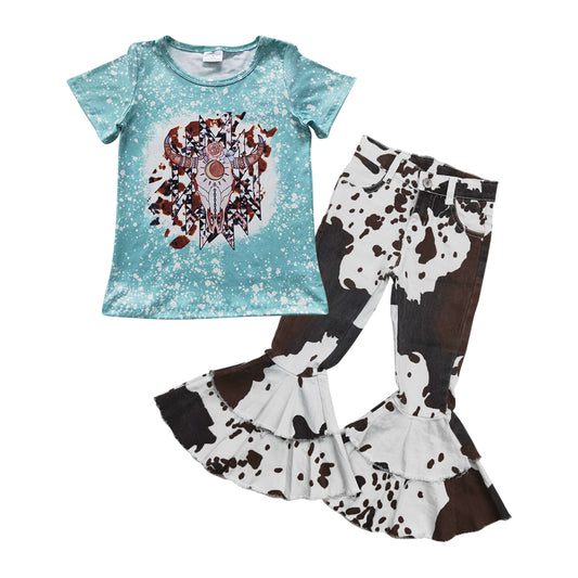 GSPO0814 Western cow blue short sleeve ink pattern denim pants girls set