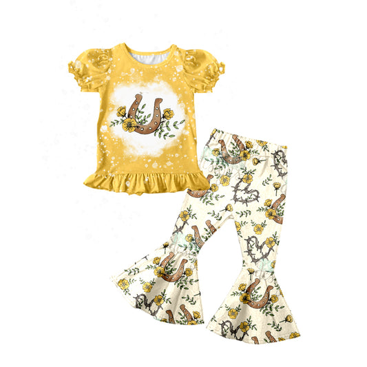 preorder GSPO0828 Horseshoe flowers yellow short sleeve pants girls set