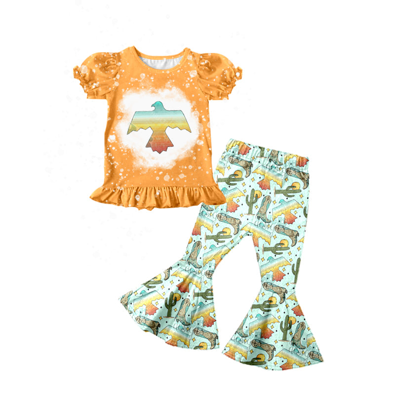 preorder GSPO0829  Western eagle orange short sleeve cactus boot blue pants girls set