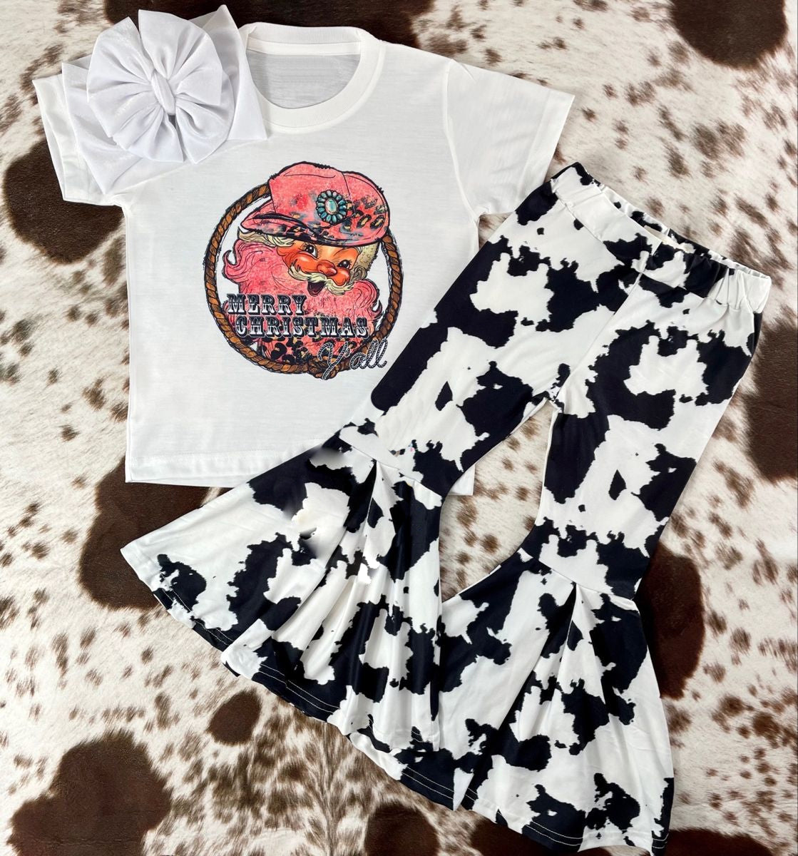 preorder GSPO0830 Merry Christmas Santa Claus white short sleeve ink pattern pants girls set