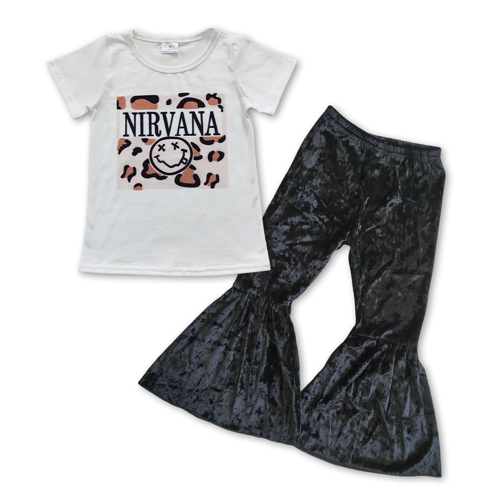 GSPO0839 Nirvana smile short sleeve black velvet pants girls set