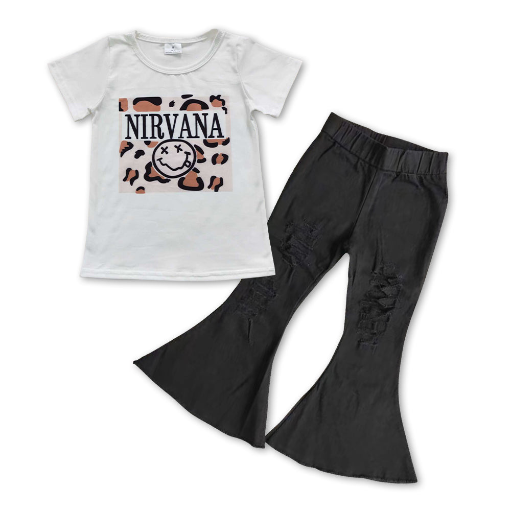 GSPO0841 Nirvana smile short sleeve black denim pants girls set