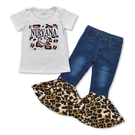 GSPO0842 Nirvana smile short sleeve blue denim pants girls set