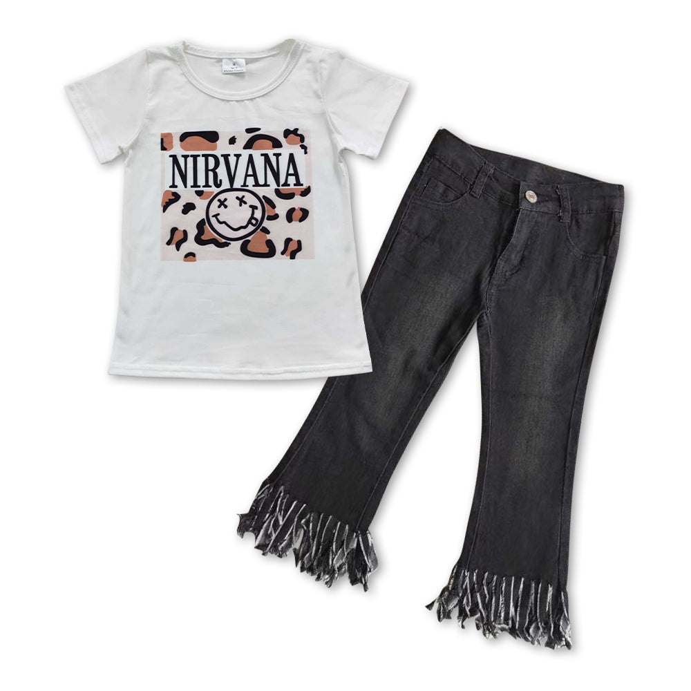 GSPO0843 Nirvana smile short sleeve blue tassels denim pants girls set