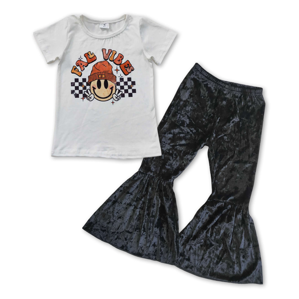GSPO0845 Fall vibes smile short sleeve black velvet pants girls set