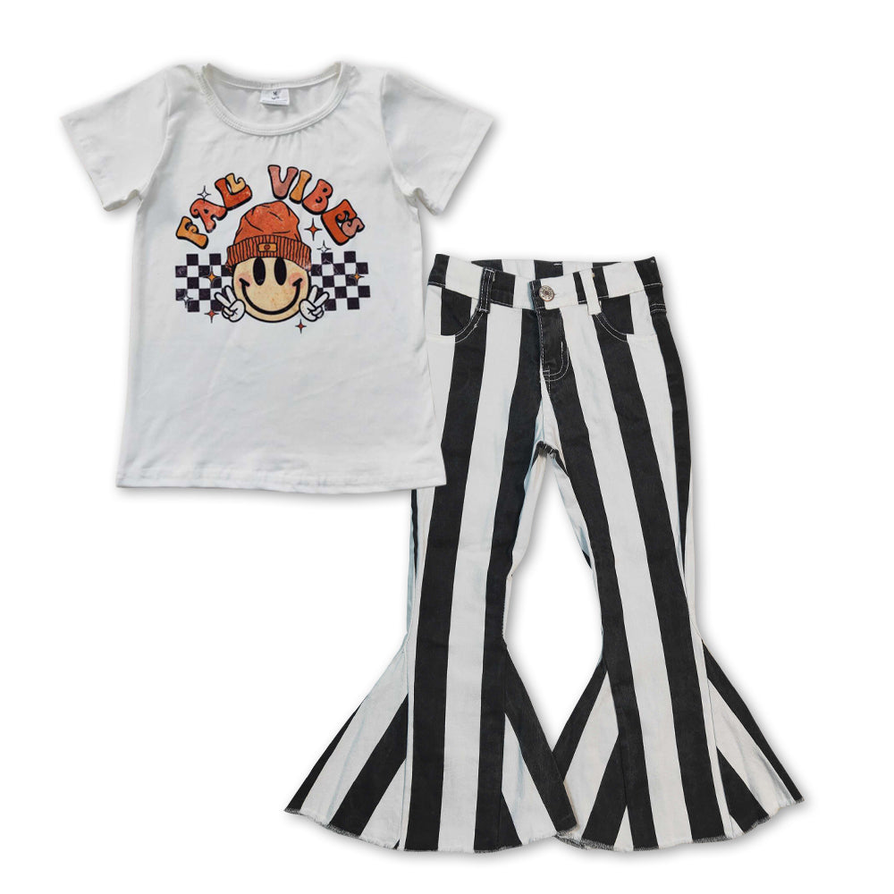 GSPO0850 Fall vibes smile short sleeve black striped denim pants girls set