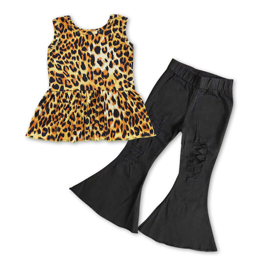 GSPO0855 Leopard sleeveless top black denim pants girls set