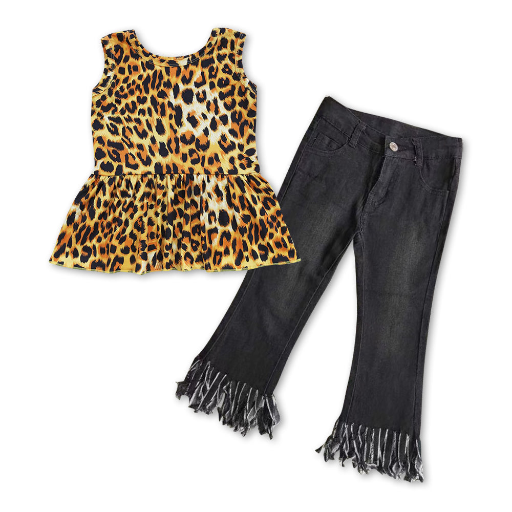 GSPO0856 Leopard sleeveless top black tassels denim pants girls set