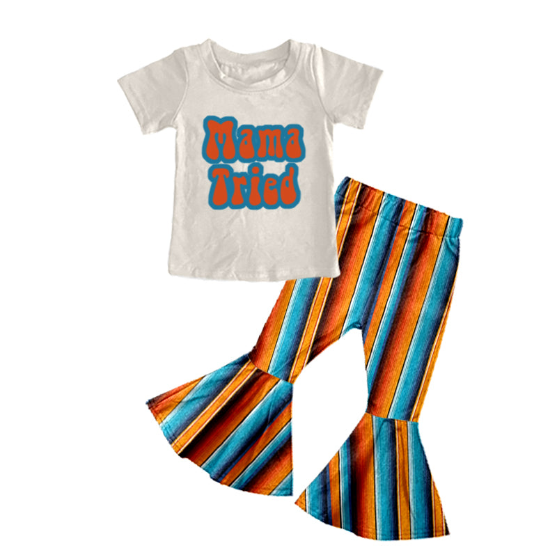 preorder GSPO0864 Mama tired short sleeve colorful striped pants girls set