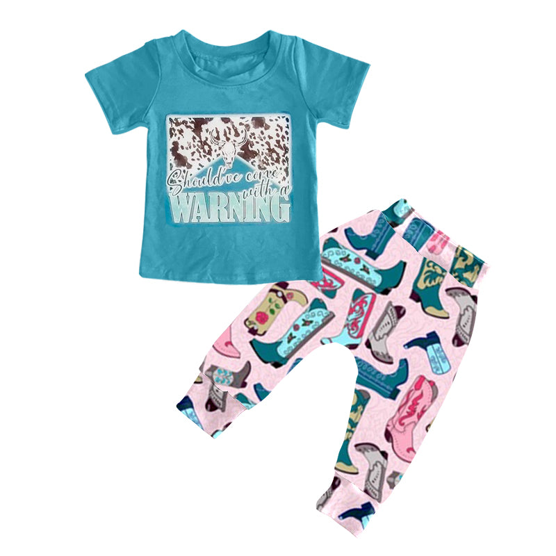 preorder GSPO0865 Western cow warning blue short sleeve pants girls set
