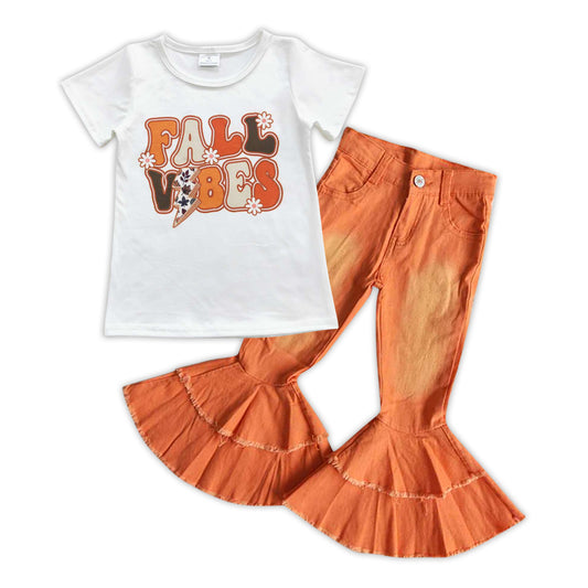 GSPO0867 Fall Vibes short sleeve orange denim pants girls set