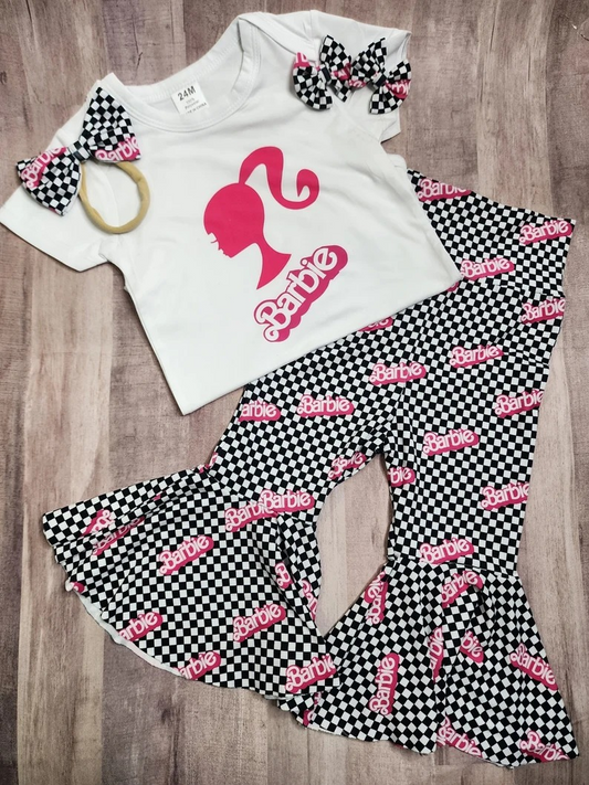preorder GSPO0877 BA cartoon white short sleeve black plaid pants girls set