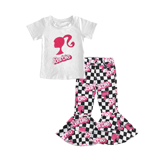 preorder GSPO0879 BA cartoon white short sleeve black plaid denim pants girls set