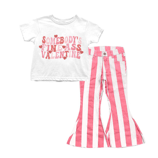 preorder GSPO0881 Somebodys white short sleeve top pink striped denim pants girls set