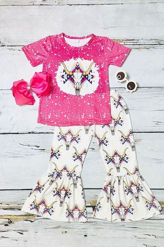 preorder GSPO0887 Western cow Aztec hot pink short sleeve pants girls set