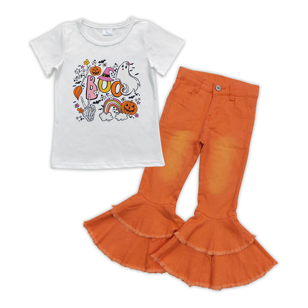 GSPO0889 Halloween spooky white short sleeve orange denim pants girls set