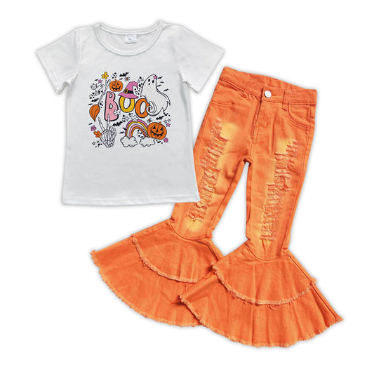 GSPO0890 Halloween spooky white short sleeve orange hole denim pants girls set