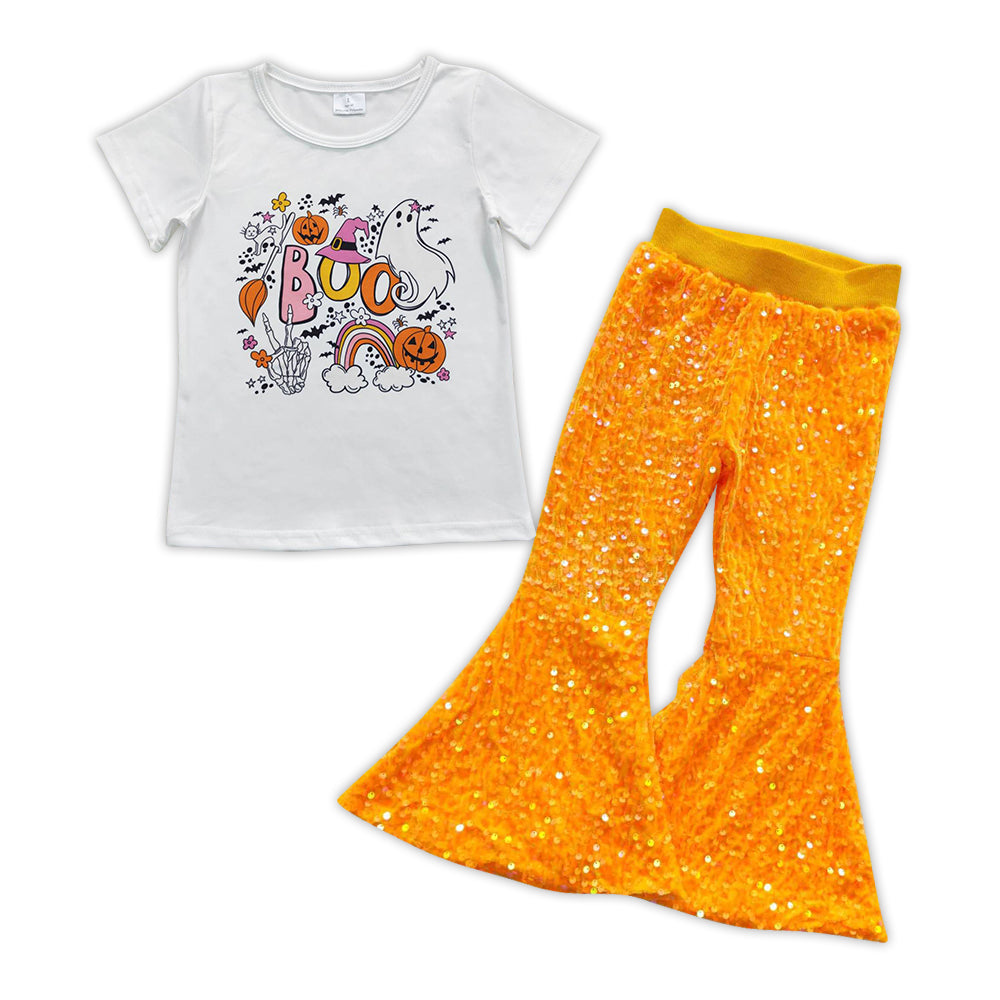 GSPO0891 Halloween spooky white short sleeve orange denim pants girls set