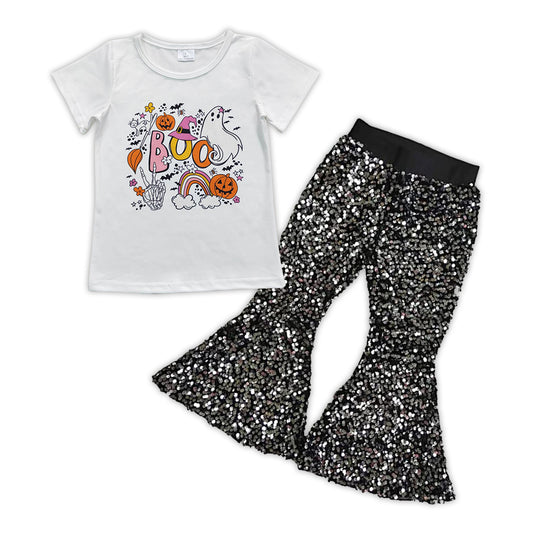 GSPO0892 Halloween spooky white short sleeve black sequin pants girls set