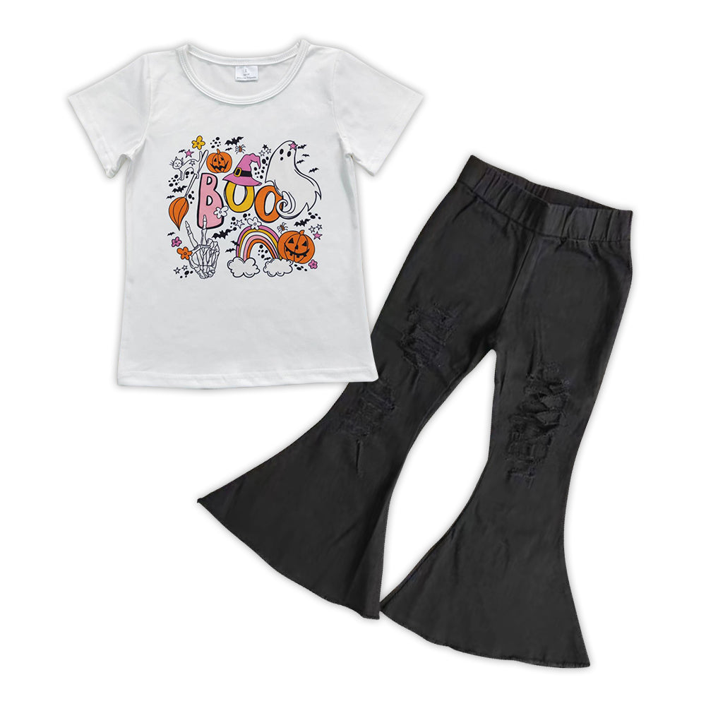 GSPO0893 Halloween spooky white short sleeve black hole denim pants girls set