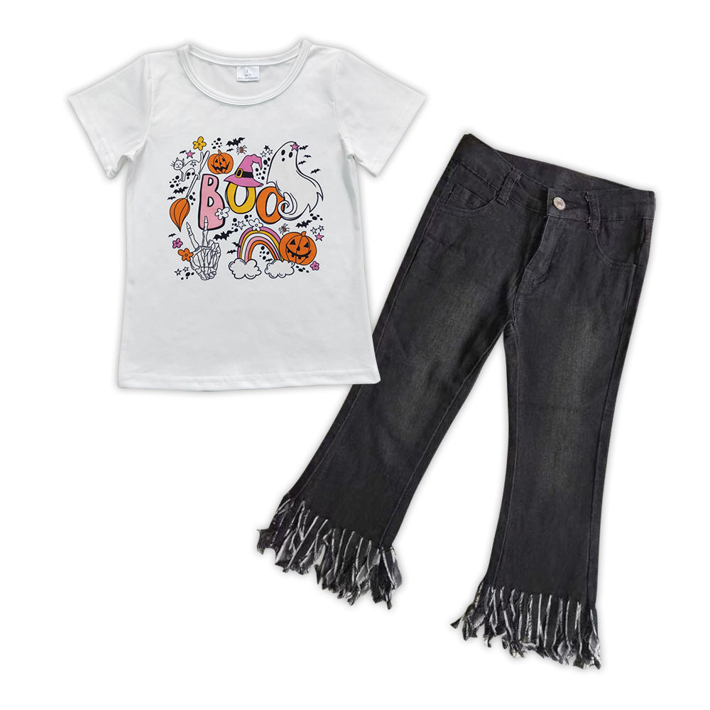 GSPO0894 Halloween spooky white short sleeve black tassels denim pants girls set