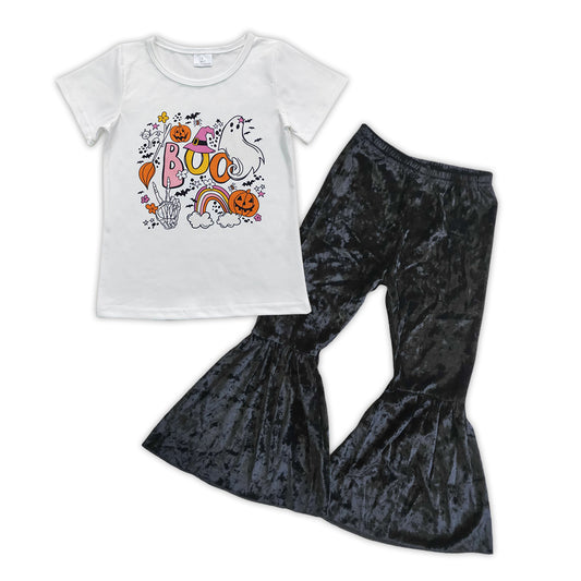 GSPO0896 Halloween spooky white short sleeve black velvet pants girls set