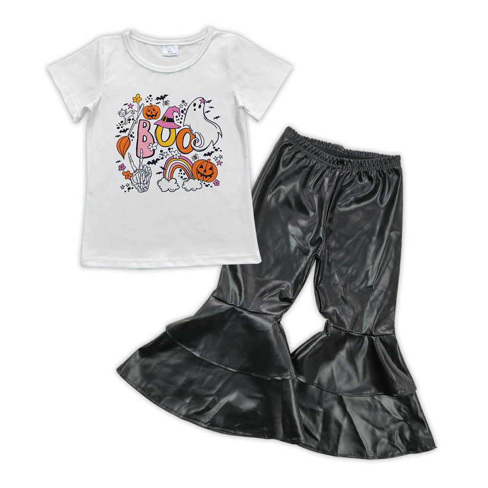 GSPO0897 Halloween spooky white short sleeve black leather pants girls set