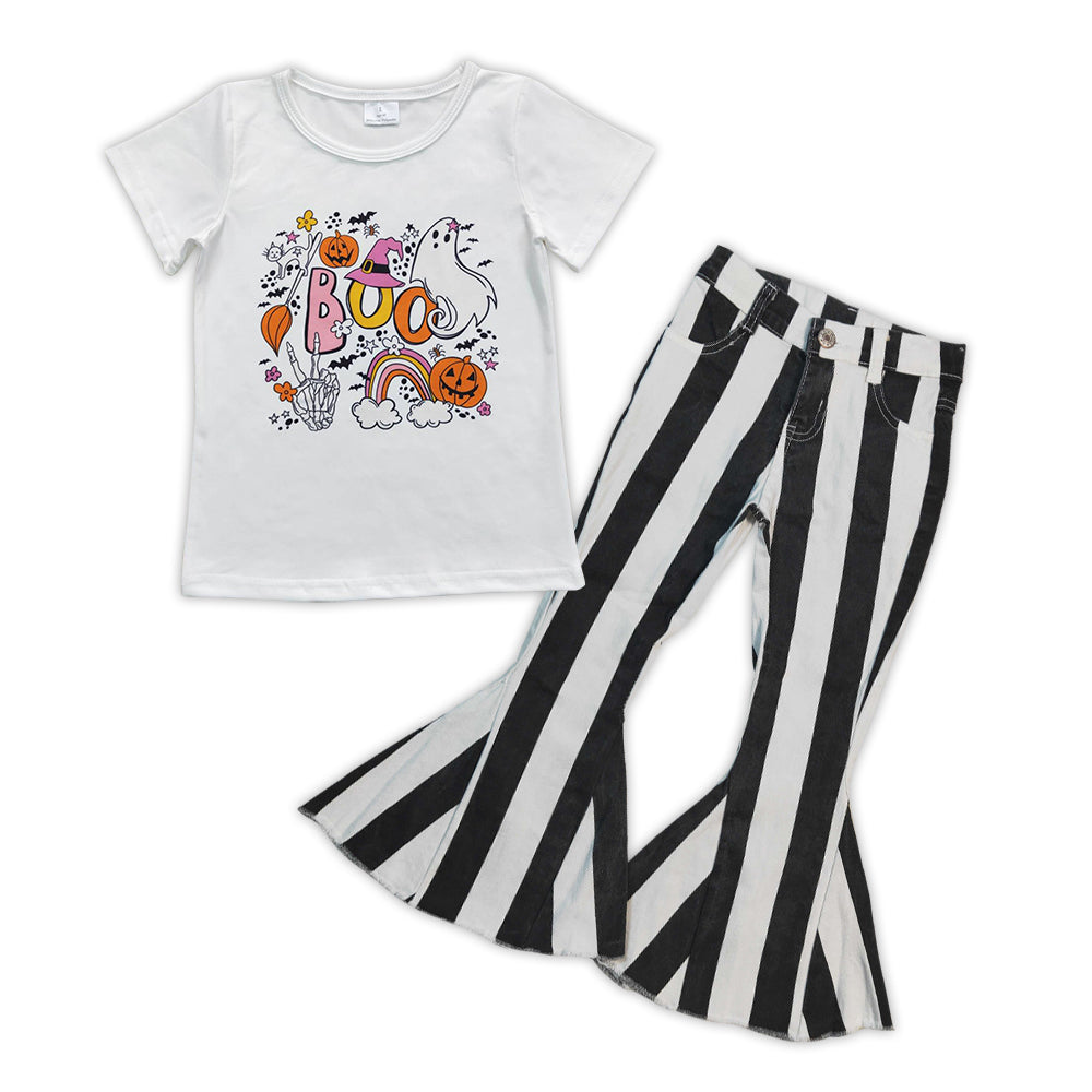 GSPO0898 Halloween spooky white short sleeve black striped denim pants girls set