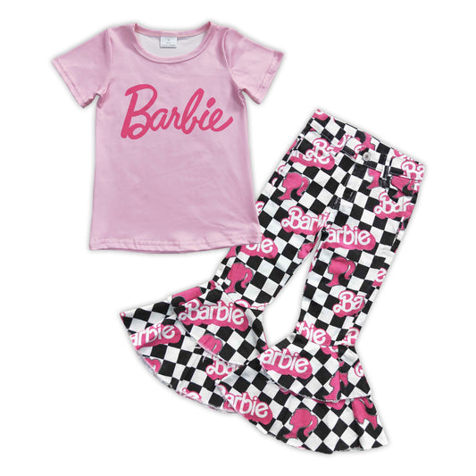 GSPO0902 BA cartoon pink short sleeve black plaid denim pants girls set