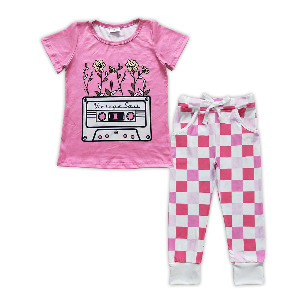 GSPO0908 Tape flowers hot pink short sleeve pink plaid pants girls set