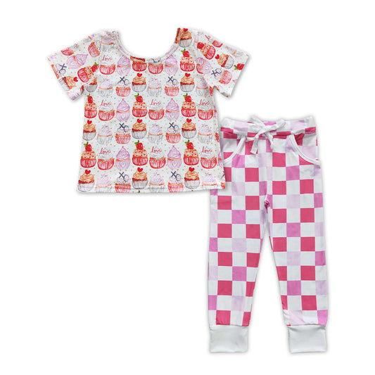 GSPO0909 Valentine's Day cake short sleeve pink plaid pants girls set