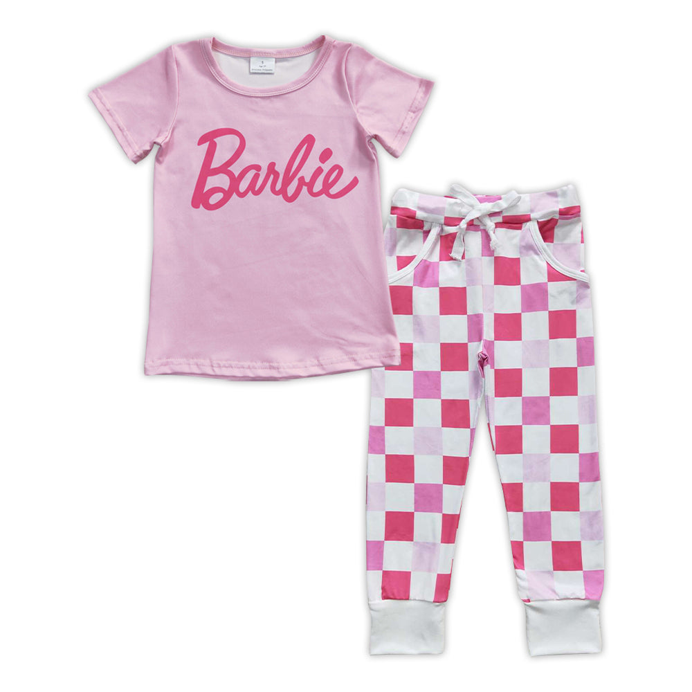 GSPO0911 BA pink short sleeve pink plaid pants girls set