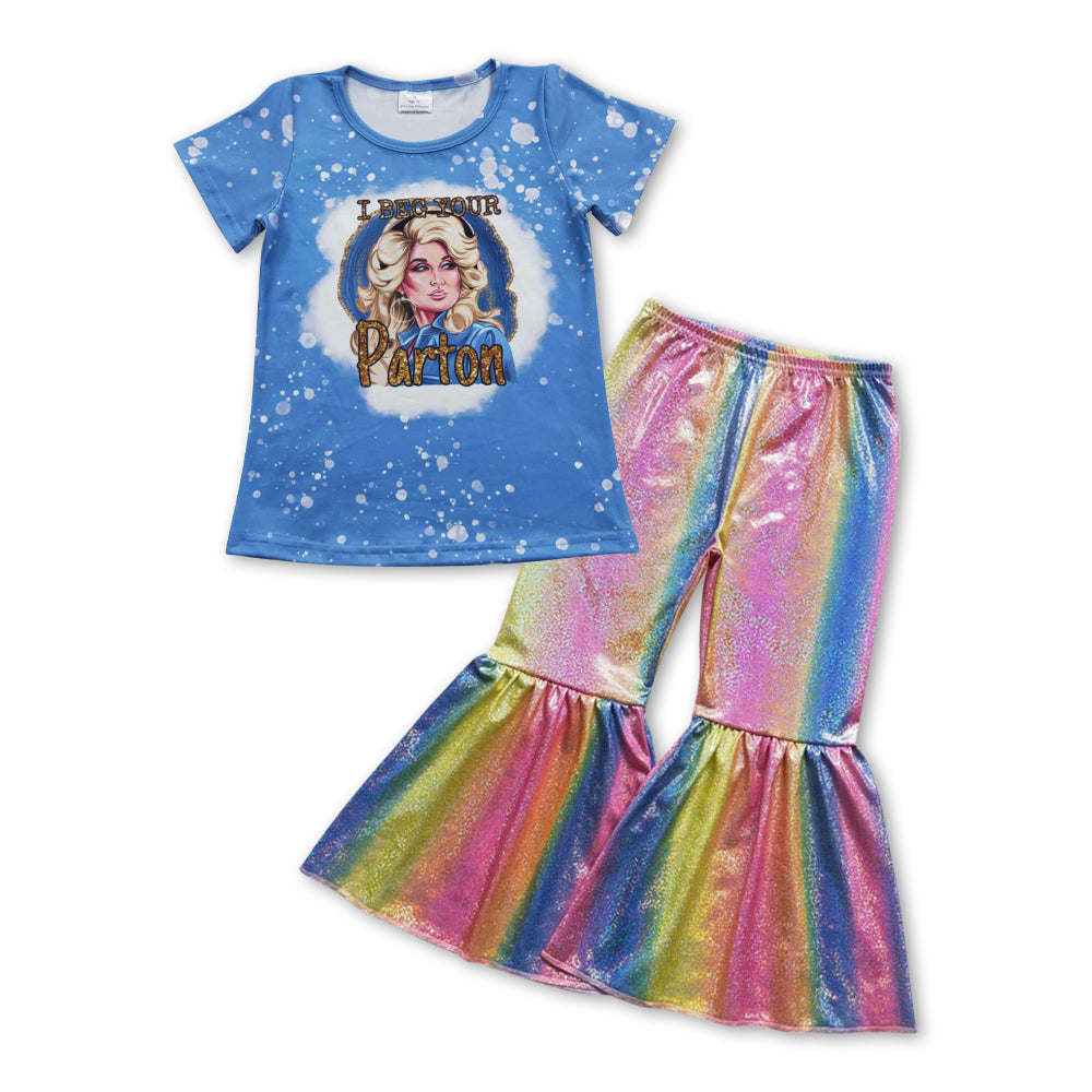 GSPO0913 Parton singer blue short sleeve rainbow disco pants girls set