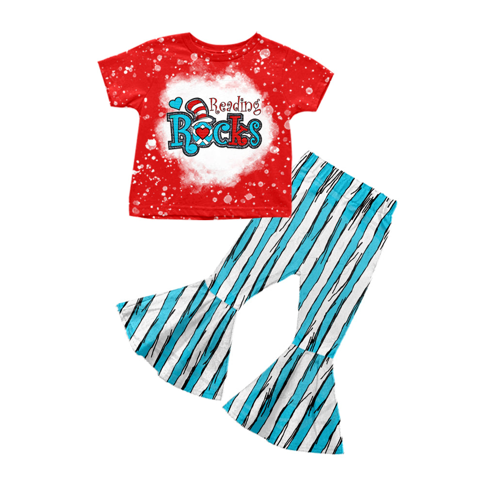 preorder GSPO0916 Rocks Dr red short sleeve blue striped pants girls set