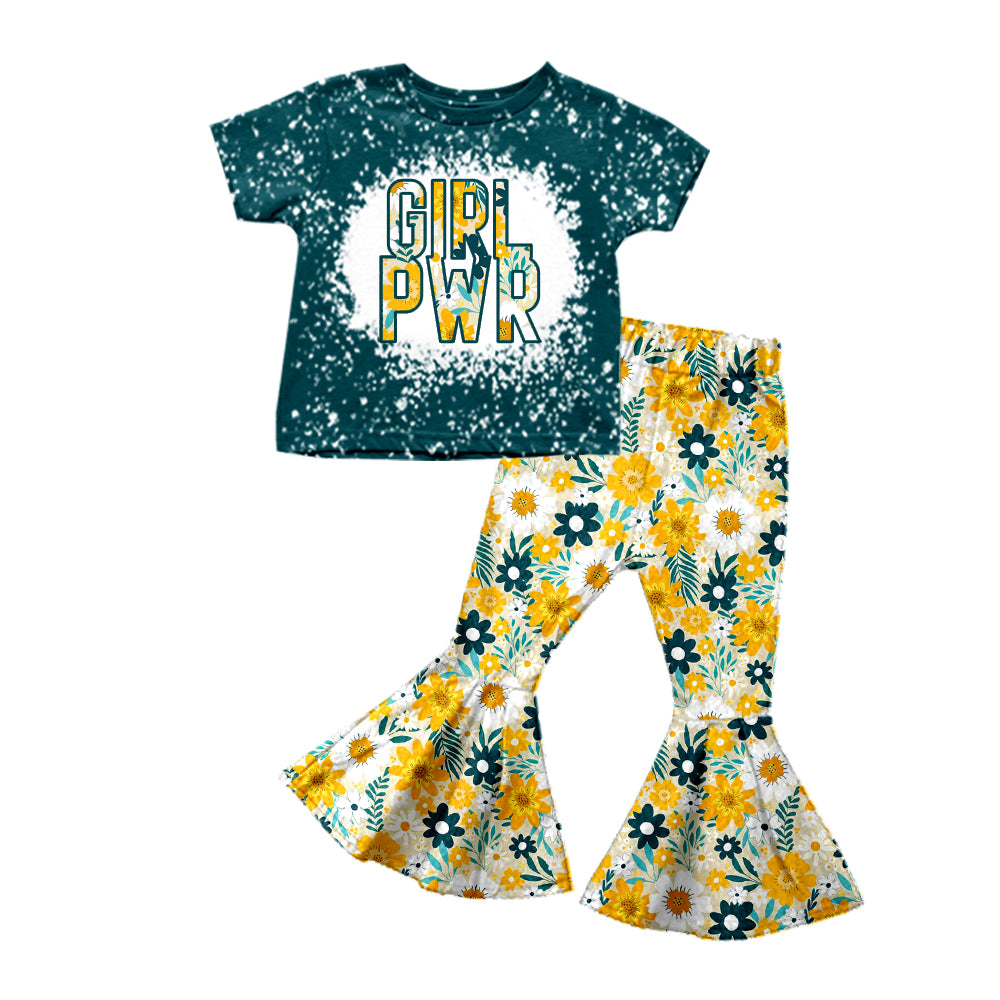 preorder GSPO0927 Girl power green short sleeve yellow flowers pants girls set