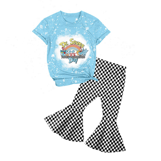 preorder GSPO0928 Dr rainbow blue short sleeve black checkered pants girls set