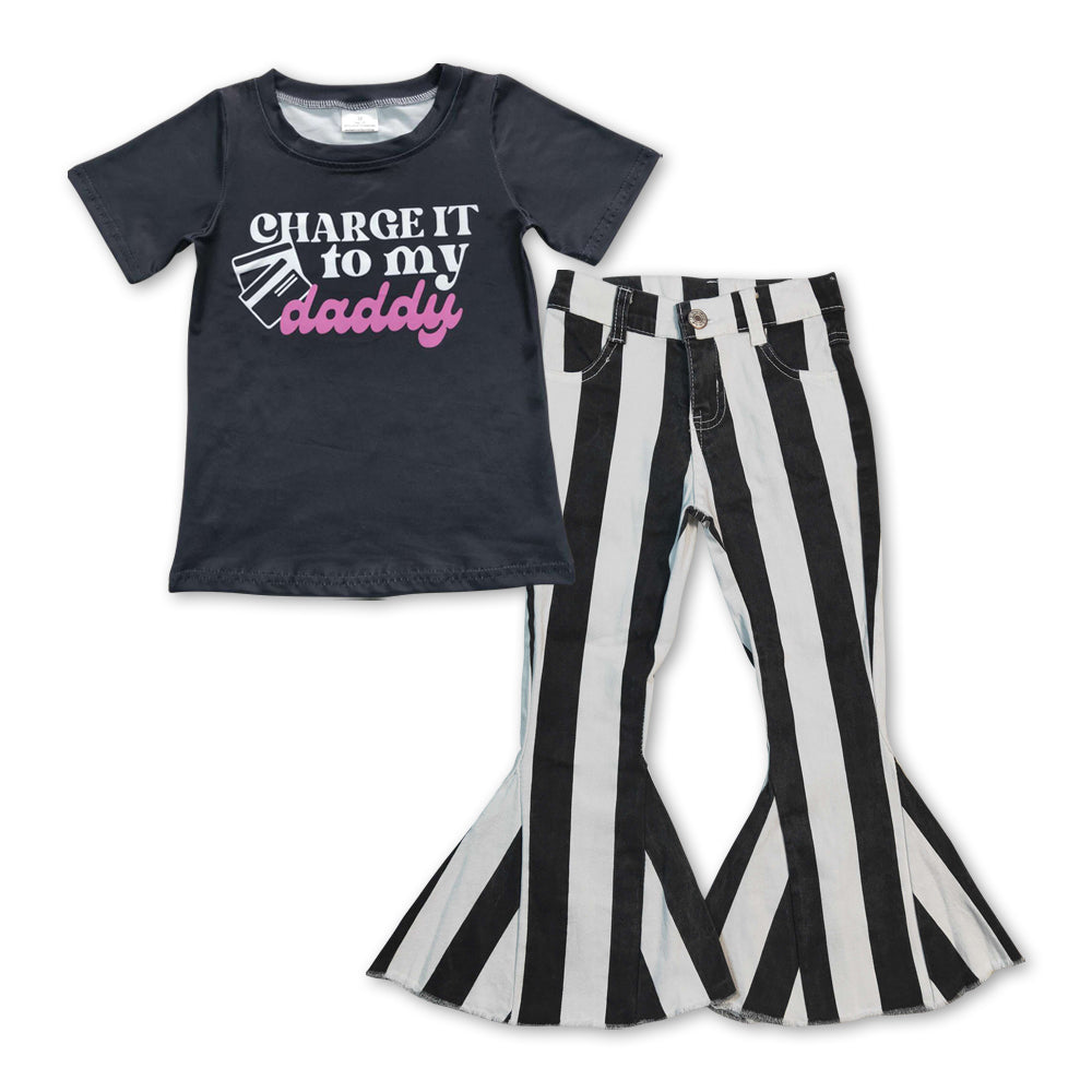 GSPO0930 Charge it to my daddy black short sleeve black striped denim pants girls set