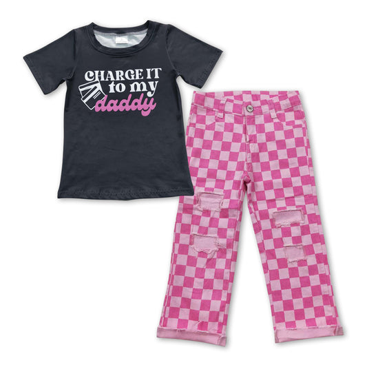 GSPO0931 Charge it to my daddy black short sleeve pink checkered denim pants girls set