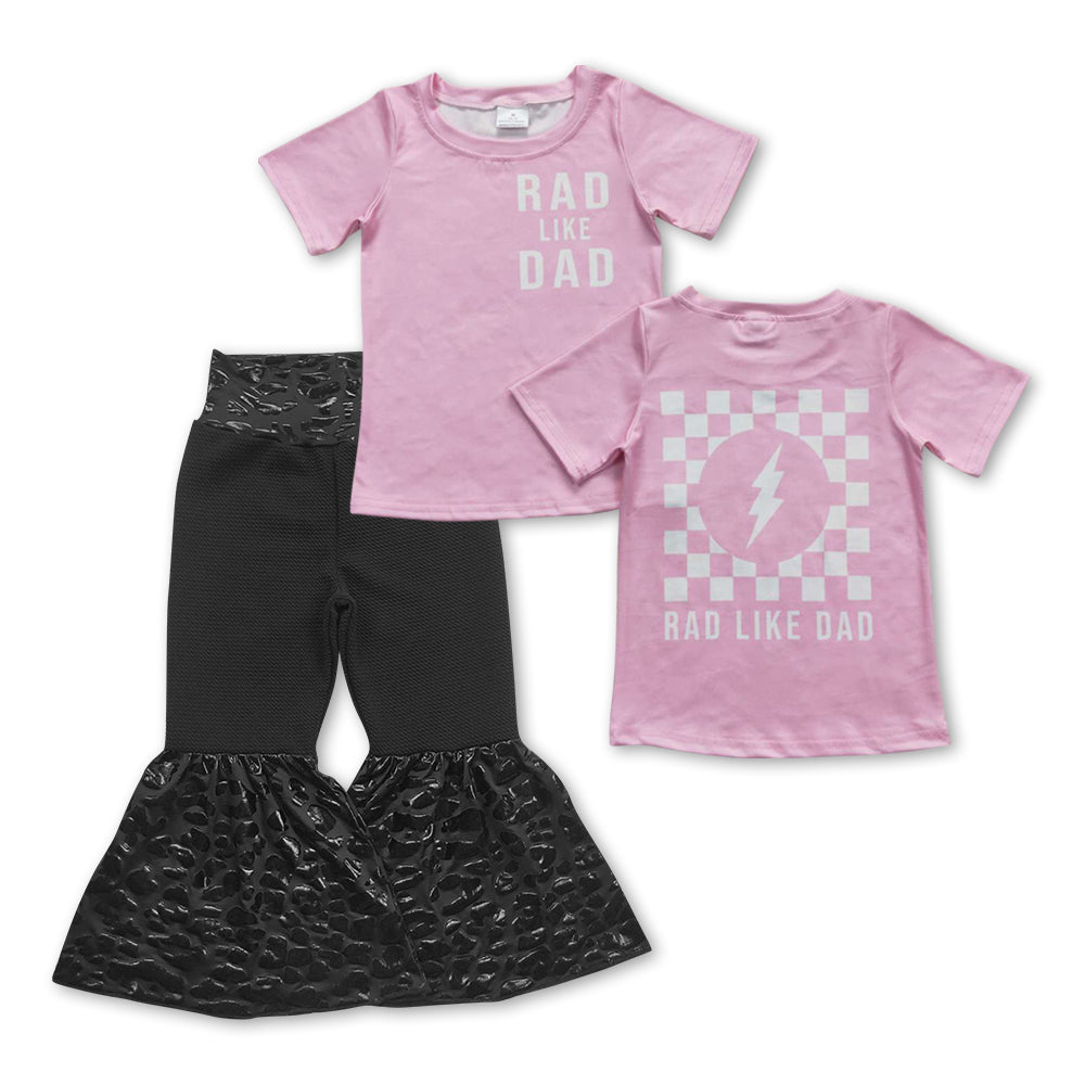 GSPO0933 Rad like dad pink short sleeve black leather pants girls set