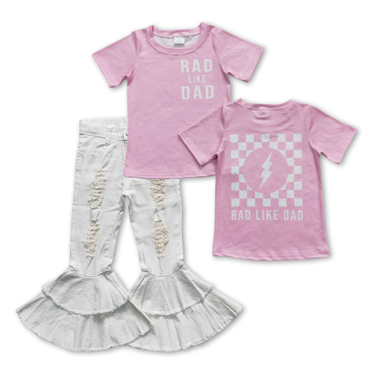 GSPO0934 Rad like dad pink short sleeve white ripped denim pants girls set