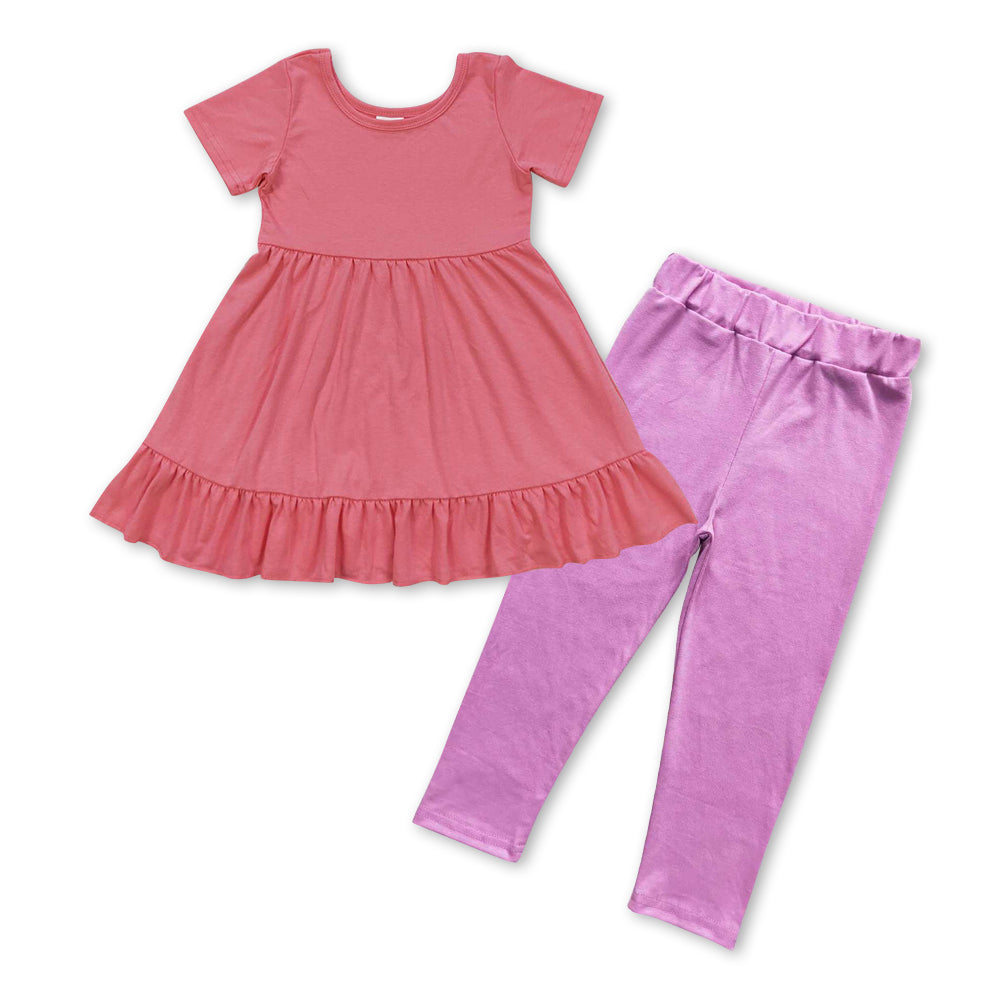 GSPO0947 Watermelon red short sleeve dress purple cotton pants girls set