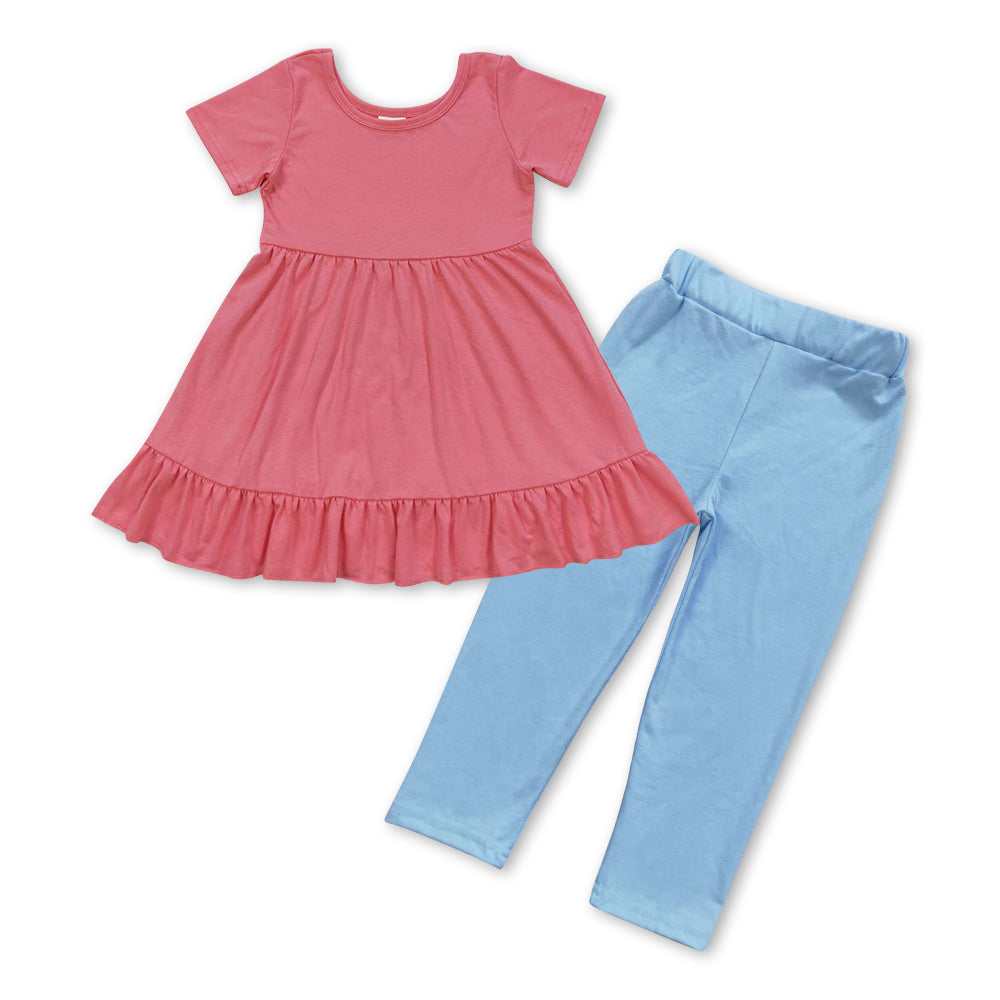 GSPO0948 Watermelon red short sleeve dress blue cotton pants girls set