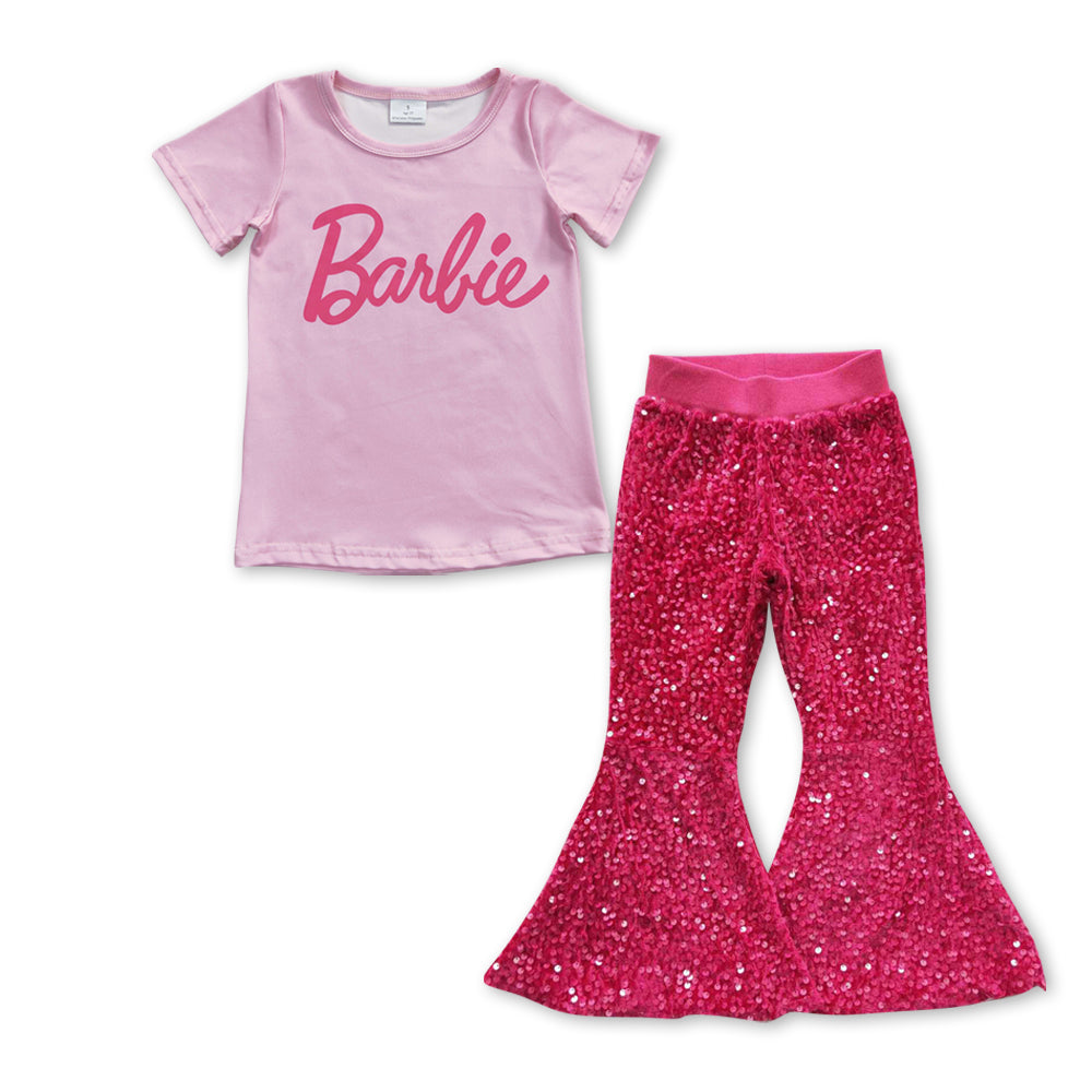 preorder GSPO0950 BA pink short sleeve hot pink sequin pants girls set