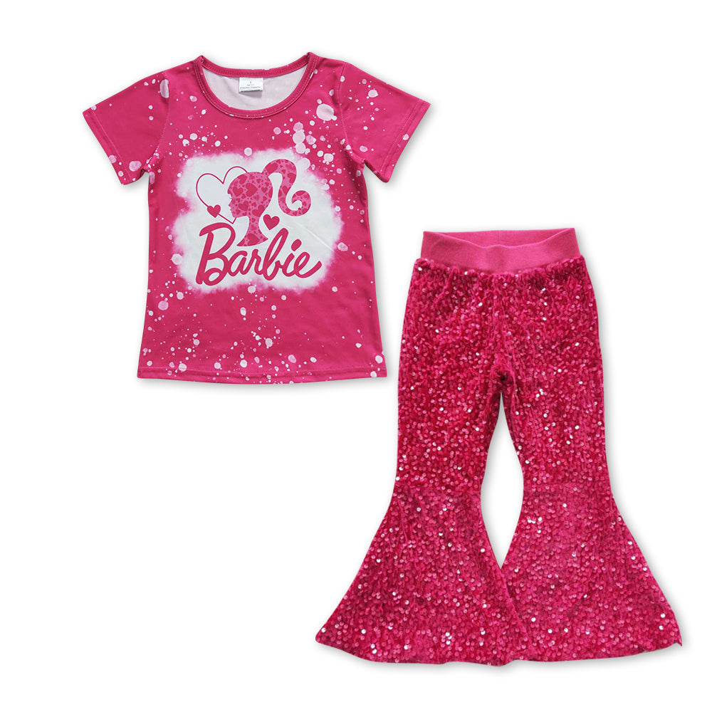 preorder GSPO0951 BA hot pink short sleeve hot pink sequin pants girls set