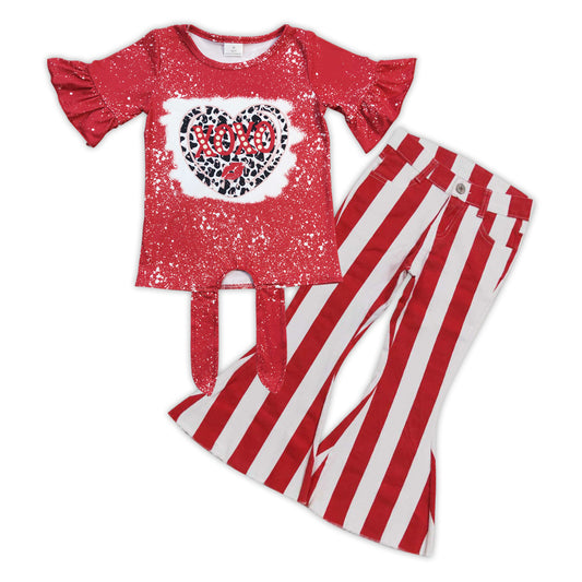 GSPO0953 Love leopard heart short sleeve red striped denim pants girls set