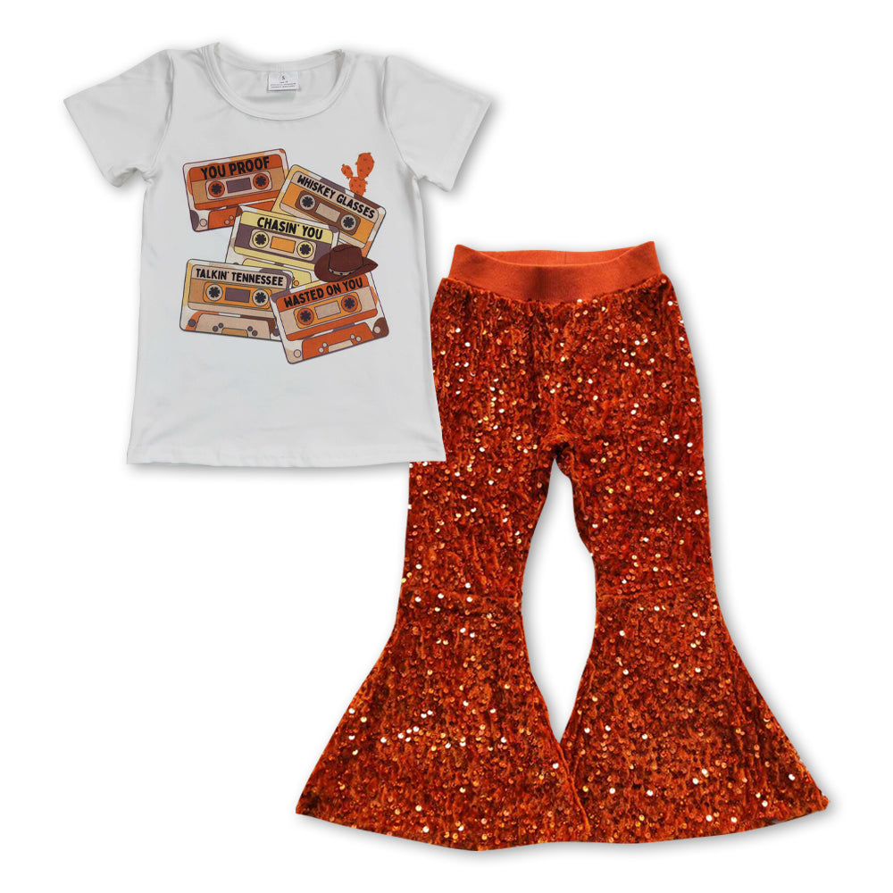 GSPO0956 Tape white short sleeve red sequin pants girls set