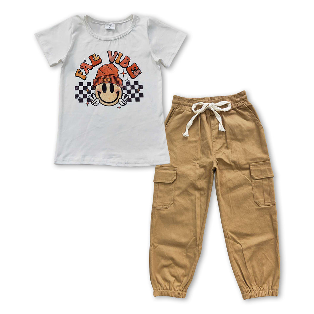 GSPO0957 Tape white short sleeve khaki cargo pants girls set