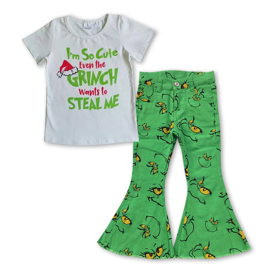 GSPO0958 Christmas hat short sleeve green face denim pants girls set