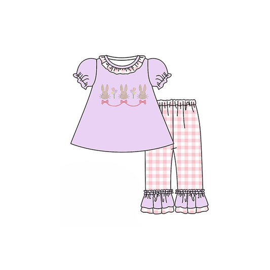 preorder GSPO0964 Easter rabbit purple short sleeve pink checkered pants girls set
