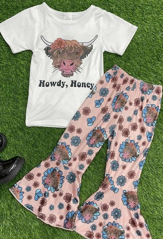 preorder GSPO0966 Howdy honey highland cow short sleeve pink pants girls set